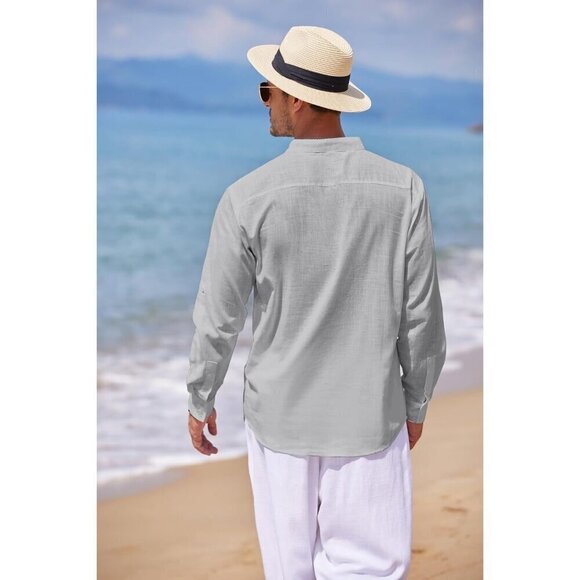 Men's Cotton Linen Henley Shirt Long Sleeve Casual Beach T Shirts Gray - Picture 4 of 7